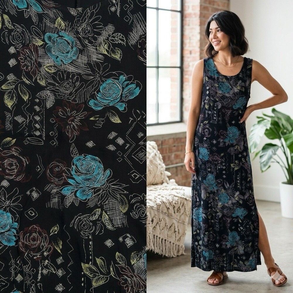 Made in Heaven Vintage 90s Maxi Dress M Slinky Knit Floral Whimsigoth USA Made